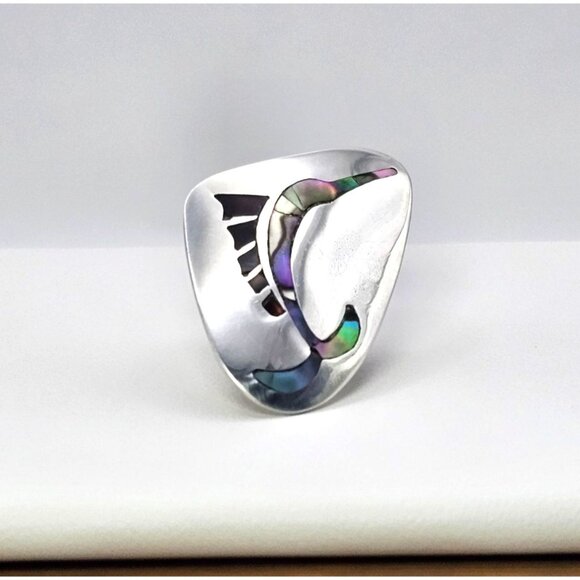 Alpaca Silver Screw Back Earring Abalone Inlay Swordfish Upcycle Craft - Picture 1 of 15